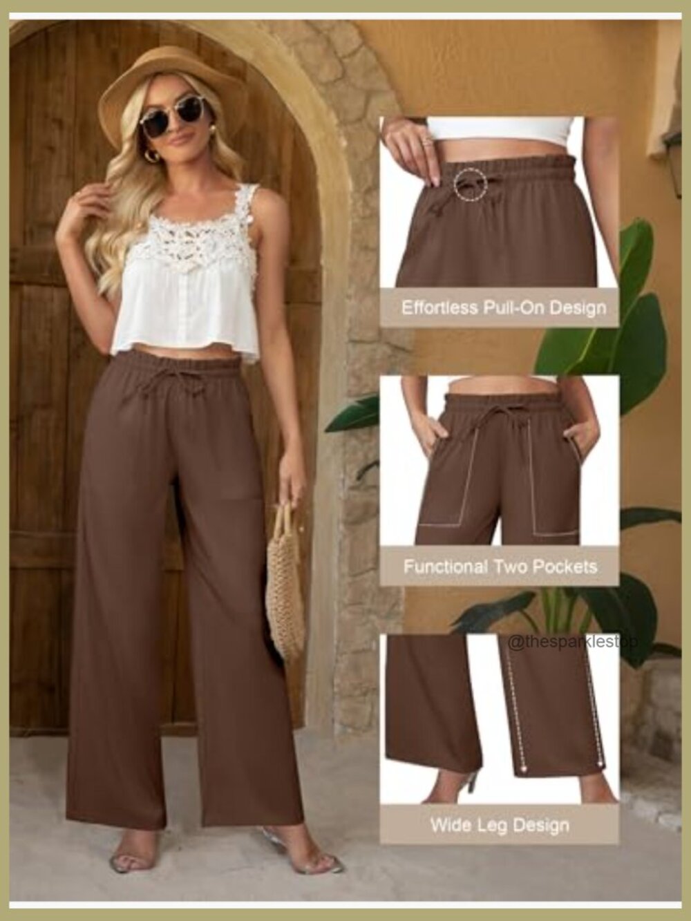 Linen Wide Leg Pants, High Waisted Flowy Palazzo with Pockets Drawstring - Picture 4 of 7